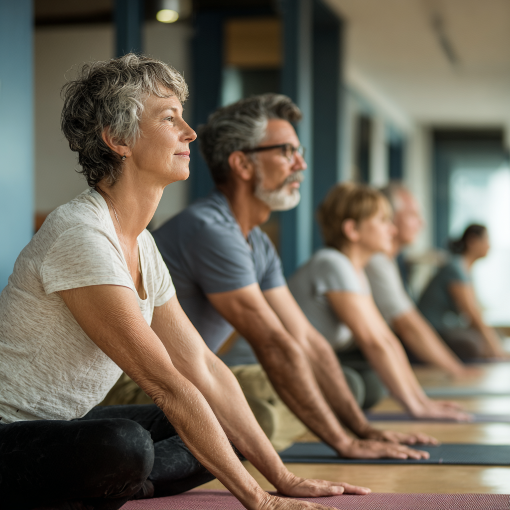 Middle-aged adults performing controlled stretching exercises in a calm indoor environment