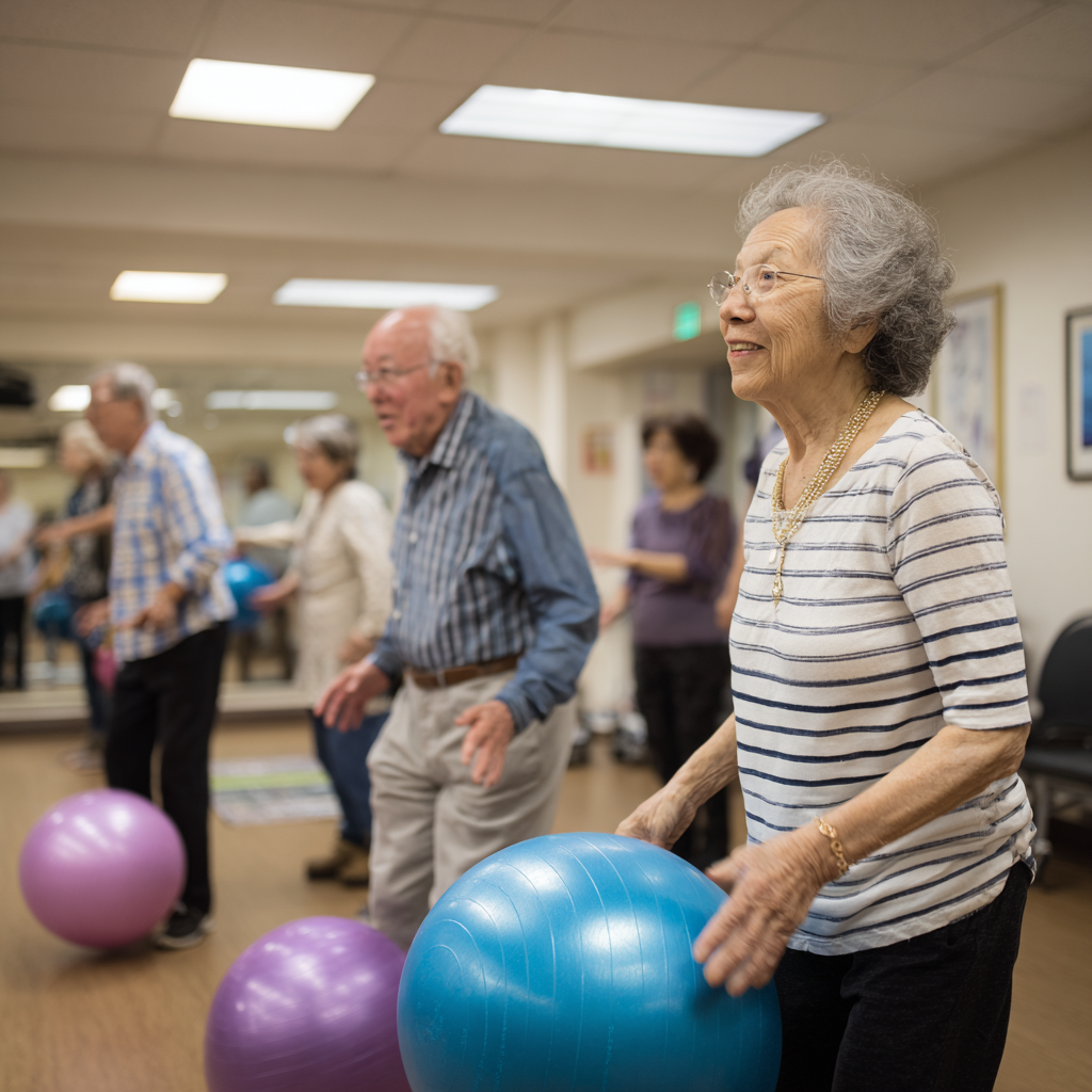 Older adults practicing balance and stability exercises in a supportive environment